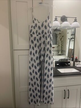 White & Navy Leaf Print Spaghetti-Strap Jumpsuit